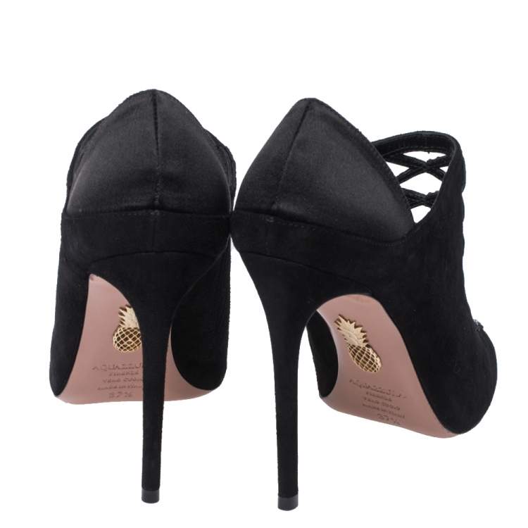 Pre Owned Aquazzura Black Suede Leather And Satin Amour Crystal Embellished Ankle Booties Size 37.5