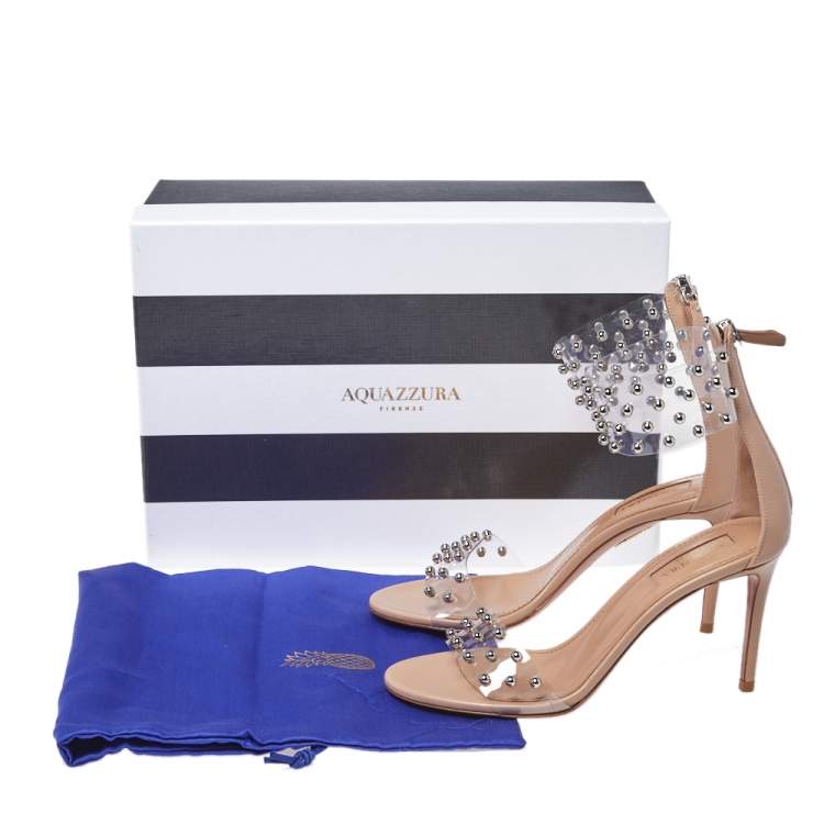 Pre Owned Aquazzura Beige Leather And Studded PVC Illusion Ankle Cuff Sandals Size 35.5