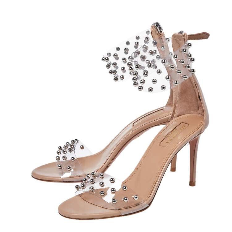 Pre Owned Aquazzura Beige Leather And Studded PVC Illusion Ankle Cuff Sandals Size 35.5