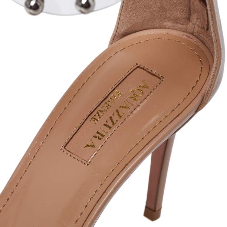 Pre Owned Aquazzura Beige Leather And Studded PVC Illusion Ankle Cuff Sandals Size 35.5