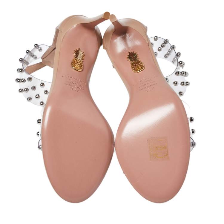 Pre Owned Aquazzura Beige Leather And Studded PVC Illusion Ankle Cuff Sandals Size 35.5