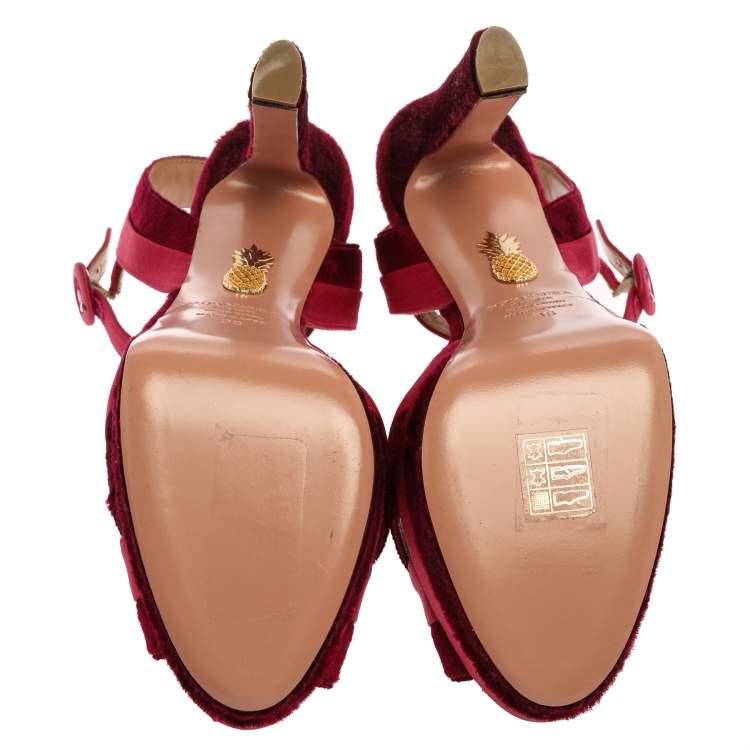 Pre Owned Aquazzura Pink Satin And Velvet Coquette Platform Ankle Strap Sandals Size 38