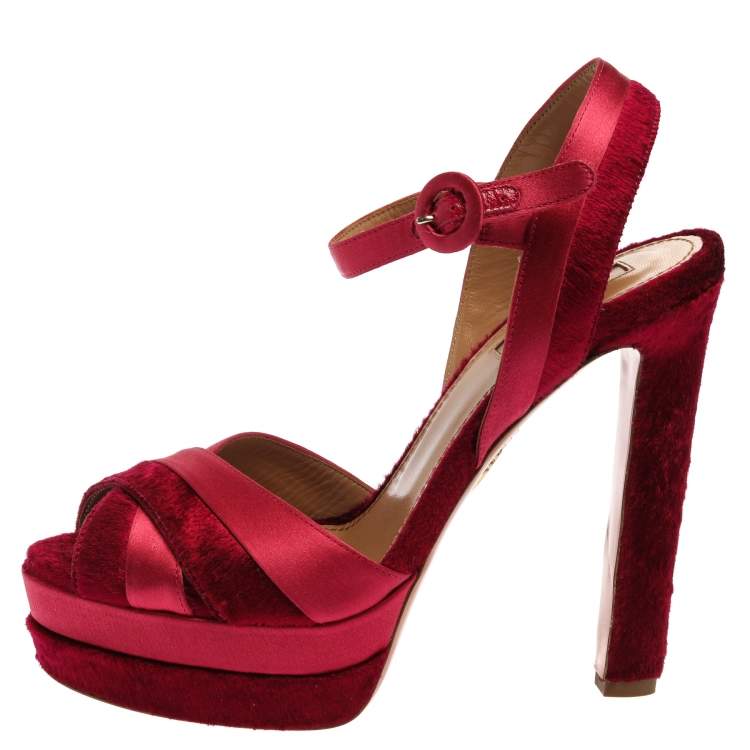 Pre Owned Aquazzura Pink Satin And Velvet Coquette Platform Ankle Strap Sandals Size 38