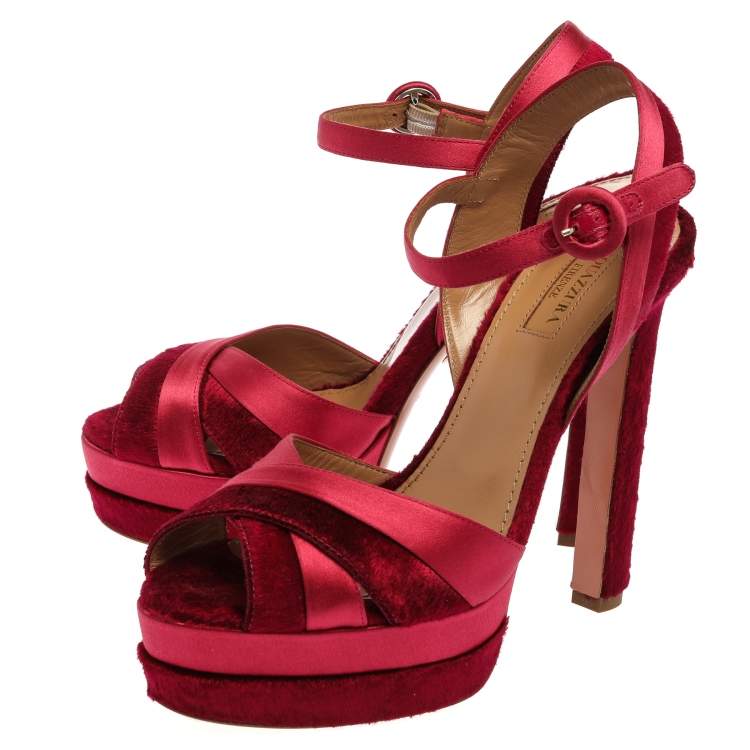 Pre Owned Aquazzura Pink Satin And Velvet Coquette Platform Ankle Strap Sandals Size 38