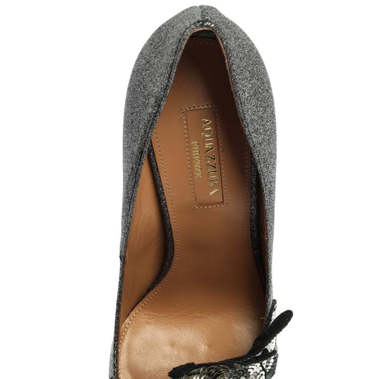 Pre Owned Aquazzura Black Glitter Suede Poison Pointed Toe Pumps Size 38.5