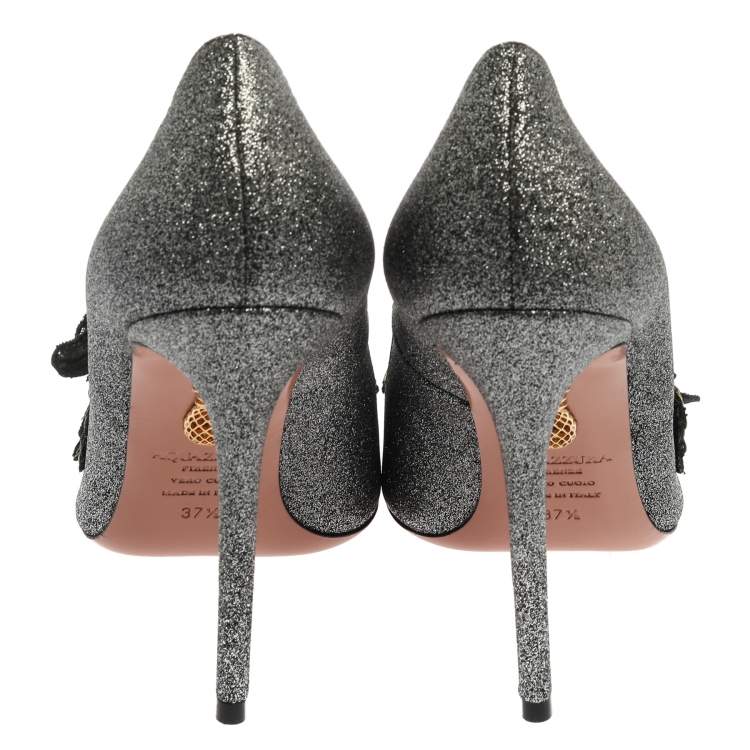 Pre Owned Aquazzura Black Glitter Suede Poison Pointed Toe Pumps Size 38.5