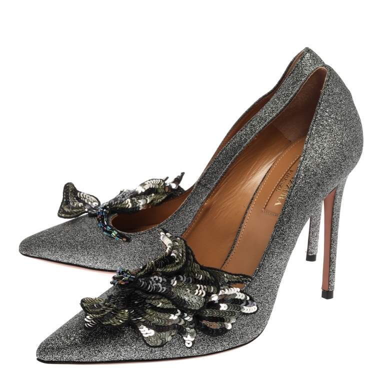Pre Owned Aquazzura Black Glitter Suede Poison Pointed Toe Pumps Size 38.5