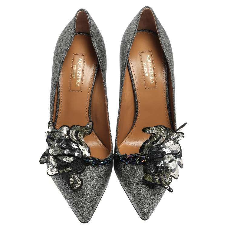 Pre Owned Aquazzura Black Glitter Suede Poison Pointed Toe Pumps Size 38.5