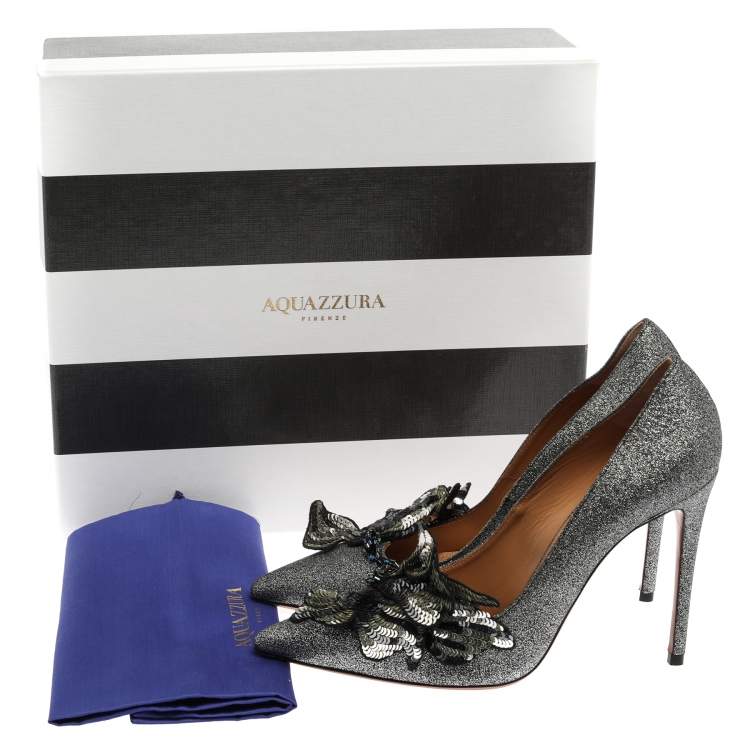 Pre Owned Aquazzura Black Glitter Suede Poison Pointed Toe Pumps Size 38.5