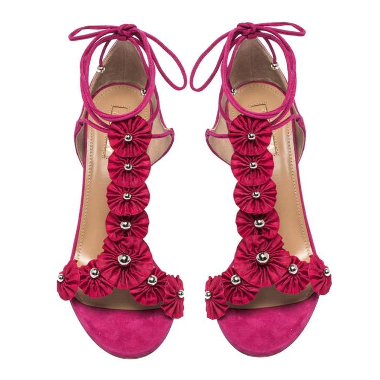 Pre Owned Aquazzura Pink Suede And Fabric Exotic Ankle Wrap Sandals Size 36