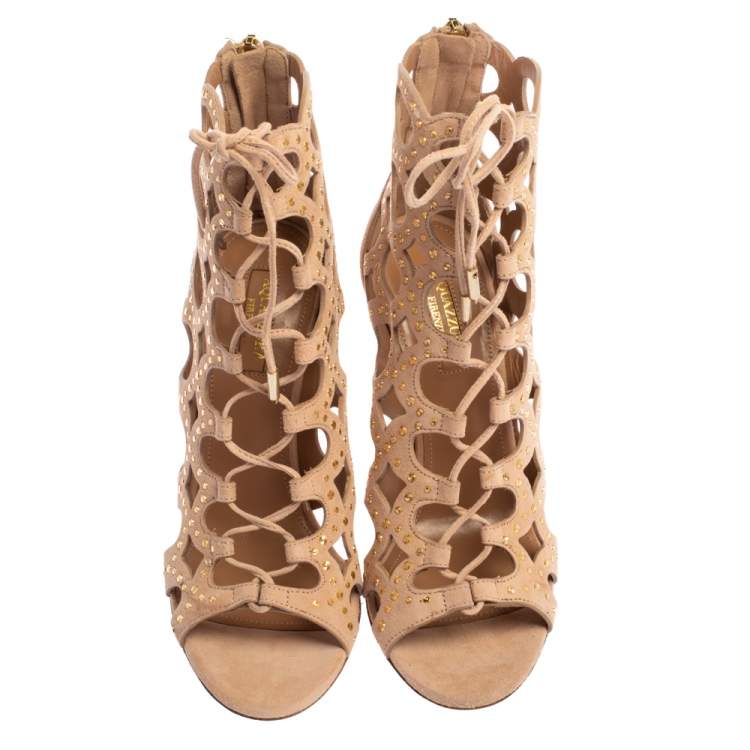 Pre Owned Aquazzura Pink Suede Leather Begum Studded Cut Out Open Toe Ankle Booties Size 36.5