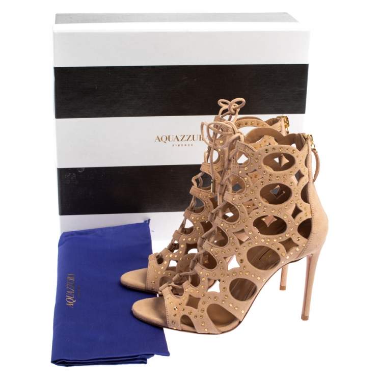 Pre Owned Aquazzura Pink Suede Leather Begum Studded Cut Out Open Toe Ankle Booties Size 36.5