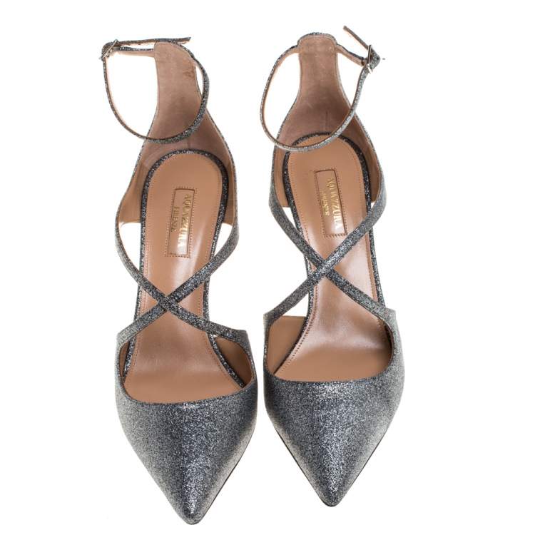 Pre Owned Aquazzura Silver Glitter Viviana Pumps Size 38.5