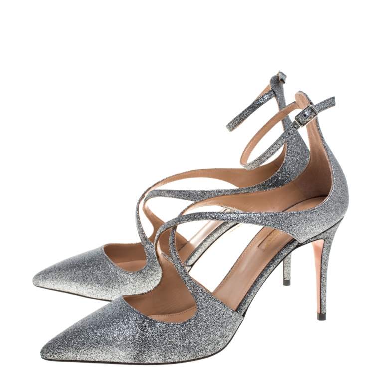 Pre Owned Aquazzura Silver Glitter Viviana Pumps Size 38.5
