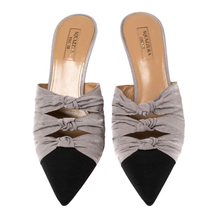 Pre Owned Aquazzura Black/ Grey Canvas Knotted  FaIle Mule Sandals Size 38