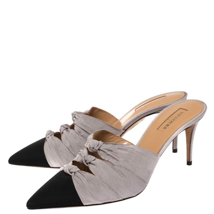 Pre Owned Aquazzura Black/ Grey Canvas Knotted  FaIle Mule Sandals Size 38