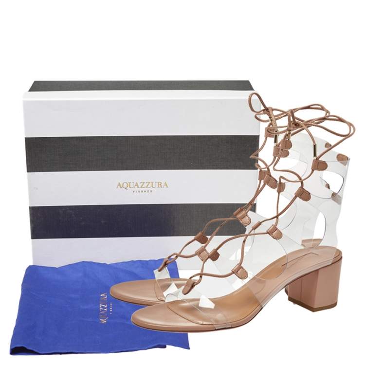 Pre Owned Aquazzura PVC And Beige Leather Milos Ankle Wrap Sandals Size 40