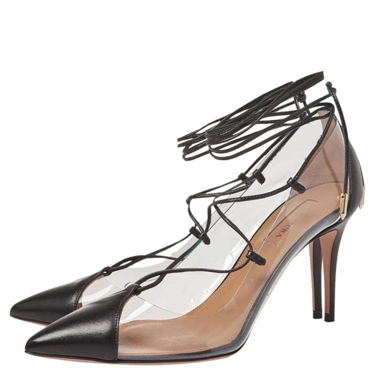 مملوكة مسبقًا Aquazzura Black Leather And PVC Magic Ankle Wrap Pumps Size 37.5