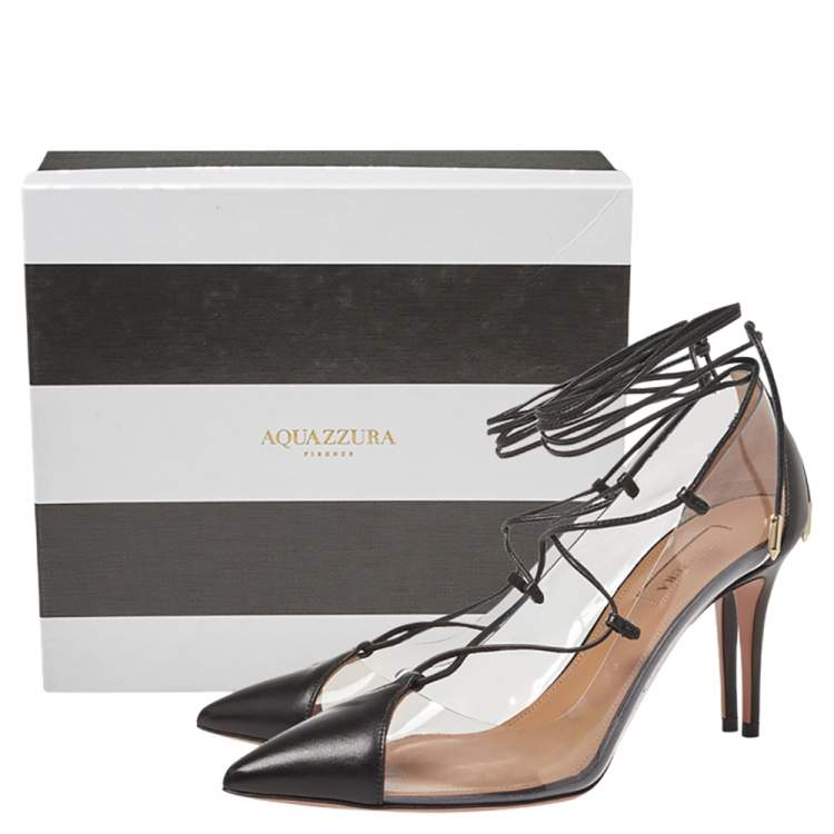 مملوكة مسبقًا Aquazzura Black Leather And PVC Magic Ankle Wrap Pumps Size 37.5