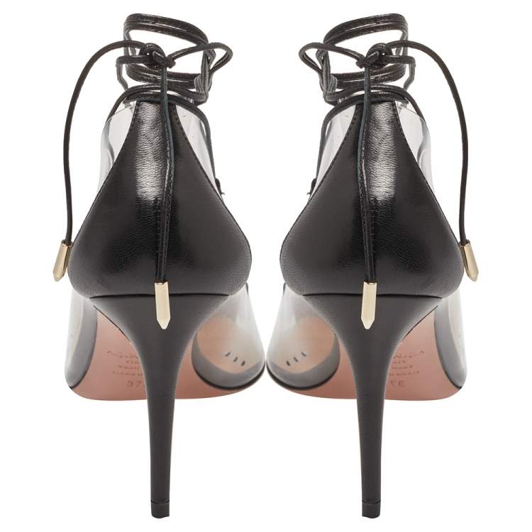 مملوكة مسبقًا Aquazzura Black Leather And PVC Magic Ankle Wrap Pumps Size 37.5