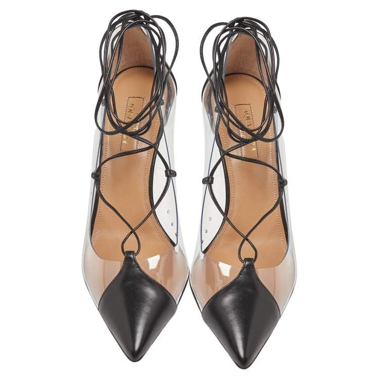 مملوكة مسبقًا Aquazzura Black Leather And PVC Magic Ankle Wrap Pumps Size 37.5