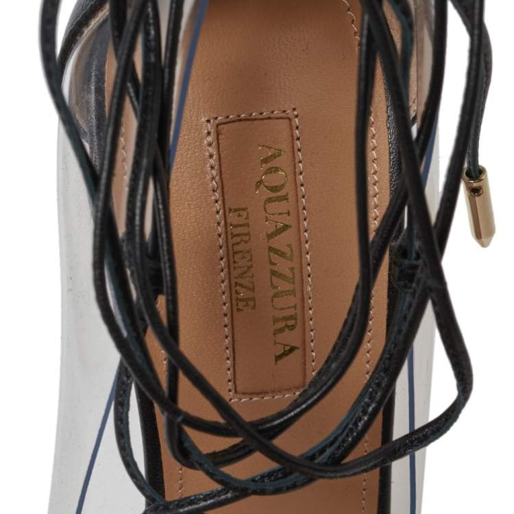 مملوكة مسبقًا Aquazzura Black Leather And PVC Magic Ankle Wrap Pumps Size 37.5