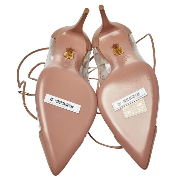 Pre Owned Aquazzura Beige Leather And PVC Magic Ankle Wrap Pumps Size 37