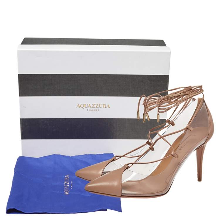 مملوكة مسبقًا Aquazzura Beige Leather And PVC Magic Ankle Wrap Pumps Size 37