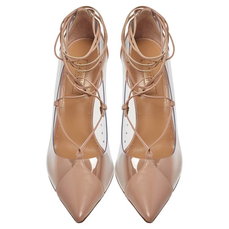 مملوكة مسبقًا Aquazzura Beige Leather And PVC Magic Ankle Wrap Pumps Size 37
