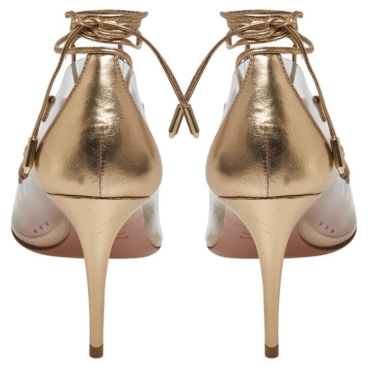 Pre Owned Aquazzura Gold PVC And Leather Magic Pumps Size 37