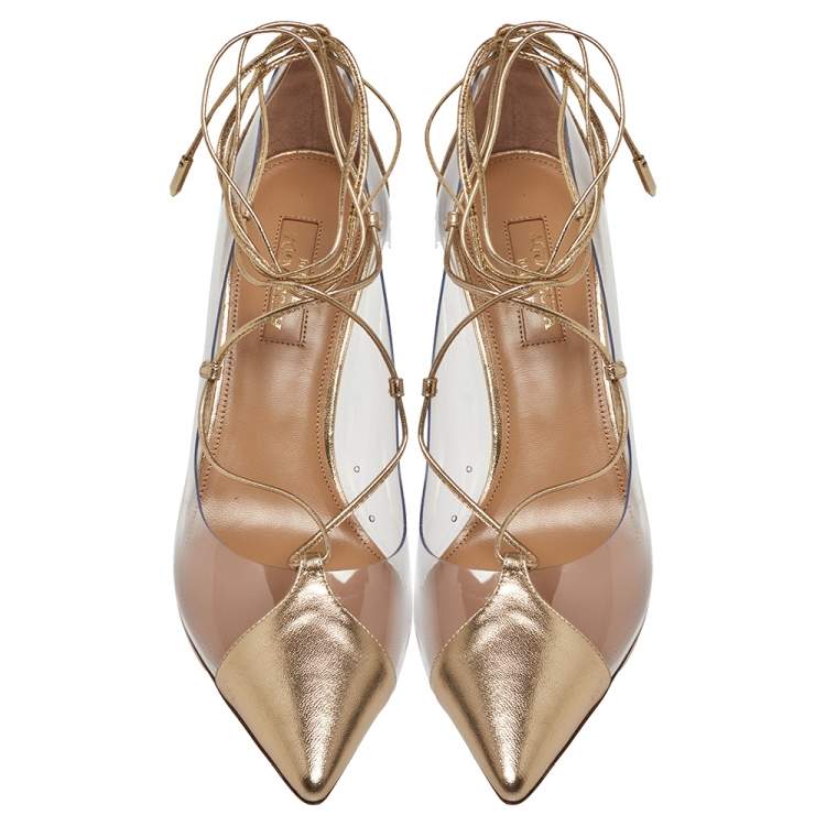 Pre Owned Aquazzura Gold PVC And Leather Magic Pumps Size 37
