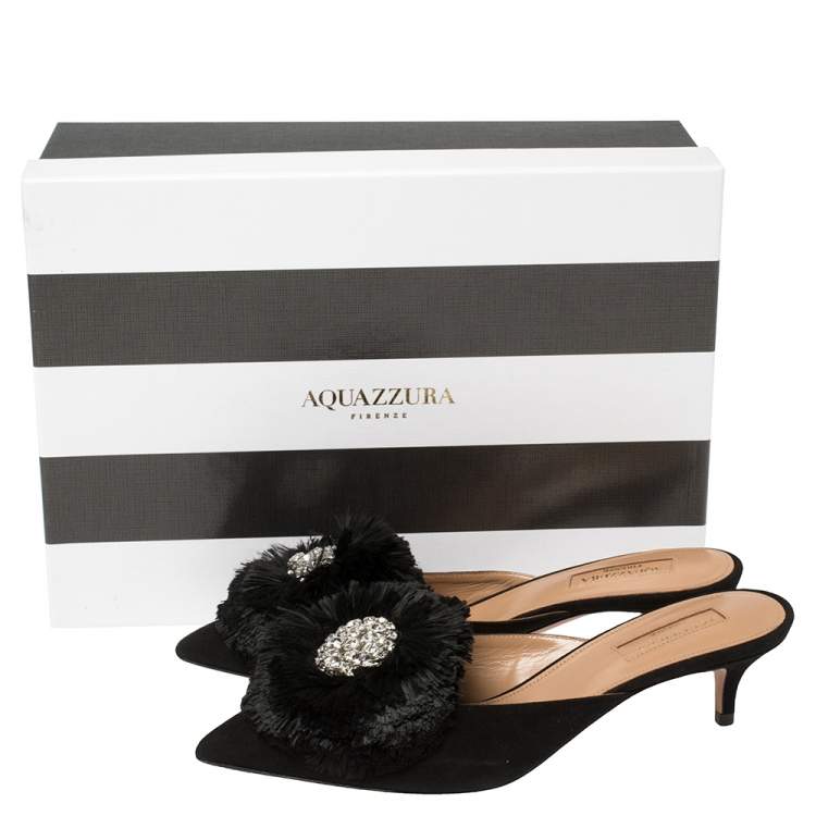 Pre Owned Aquazzura Black Suede Crystal Lotus Embellished Mules Size 36