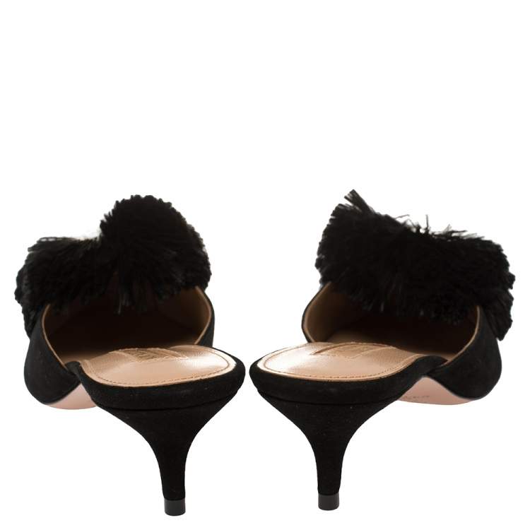 Pre Owned Aquazzura Black Suede Crystal Lotus Embellished Mules Size 36