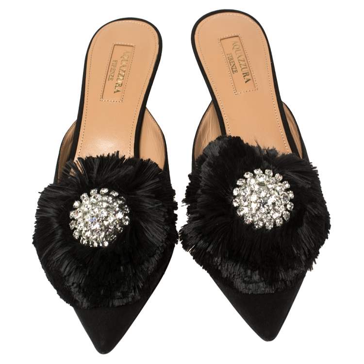 Pre Owned Aquazzura Black Suede Crystal Lotus Embellished Mules Size 36