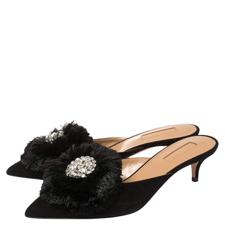 Pre Owned Aquazzura Black Suede Crystal Lotus Embellished Mules Size 36