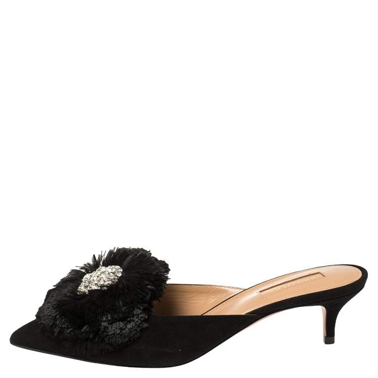 Pre Owned Aquazzura Black Suede Crystal Lotus Embellished Mules Size 36