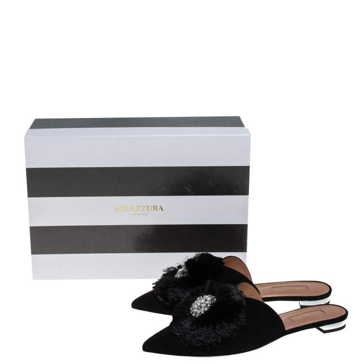 Pre Owned  Aquazzura Black Suede Powder Puff Crystal Embellished Flat Sandals Size 37.5