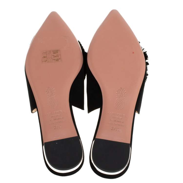 Pre Owned  Aquazzura Black Suede Powder Puff Crystal Embellished Flat Sandals Size 37.5