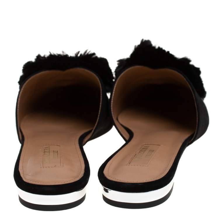 Pre Owned  Aquazzura Black Suede Powder Puff Crystal Embellished Flat Sandals Size 37.5