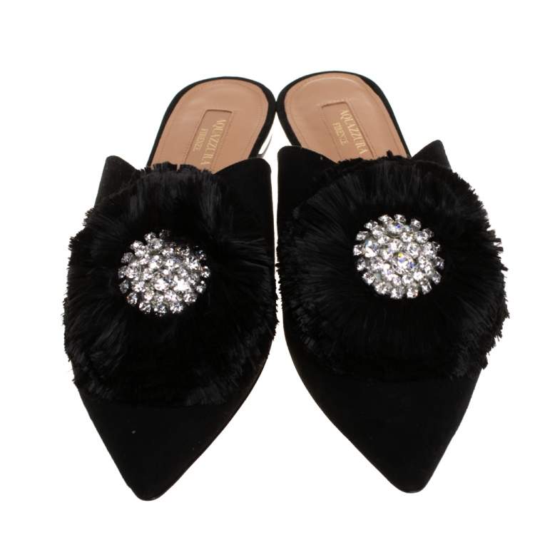 Pre Owned  Aquazzura Black Suede Powder Puff Crystal Embellished Flat Sandals Size 37.5