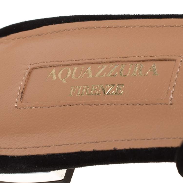 Pre Owned  Aquazzura Black Suede Powder Puff Crystal Embellished Flat Sandals Size 37.5