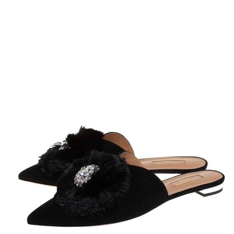 Pre Owned  Aquazzura Black Suede Powder Puff Crystal Embellished Flat Sandals Size 37.5