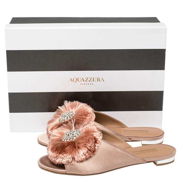 Pre Owned Aquazzura Beige Satin Powder Puff Crystal Embellished Flat Sandals Size 37
