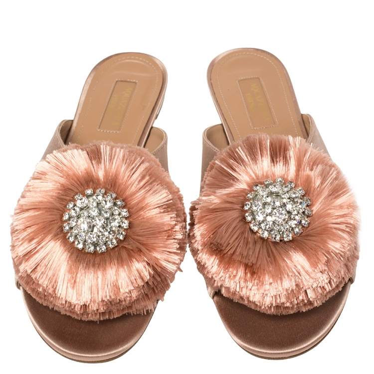 Pre Owned Aquazzura Beige Satin Powder Puff Crystal Embellished Flat Sandals Size 37