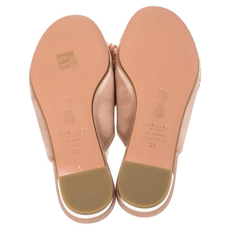Pre Owned Aquazzura Beige Satin Powder Puff Crystal Embellished Flat Sandals Size 37