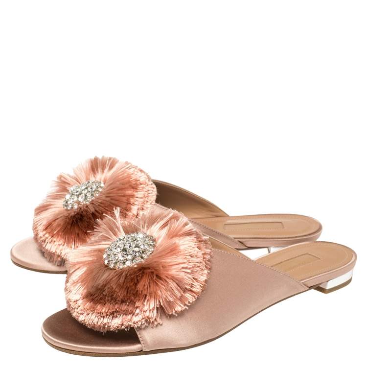 Pre Owned Aquazzura Beige Satin Powder Puff Crystal Embellished Flat Sandals Size 37