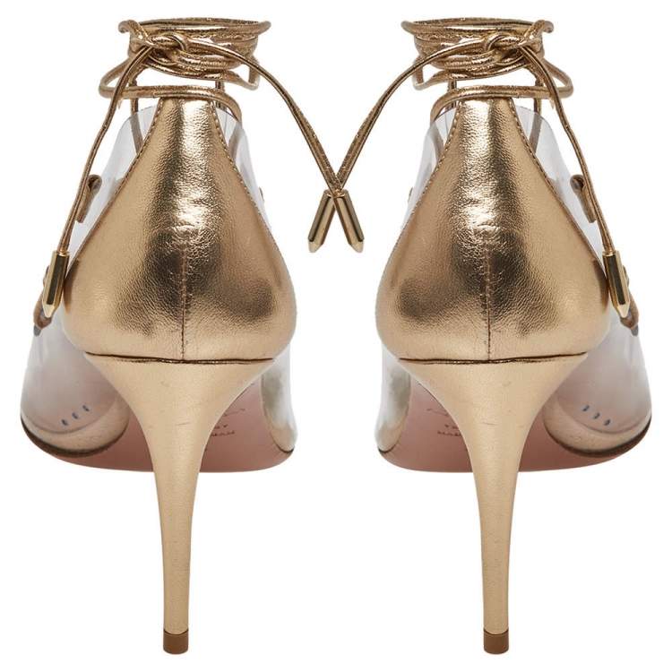 Pre Owned Aquazzura Gold Leather And PVC Lace Up Pumps Size 38.5
