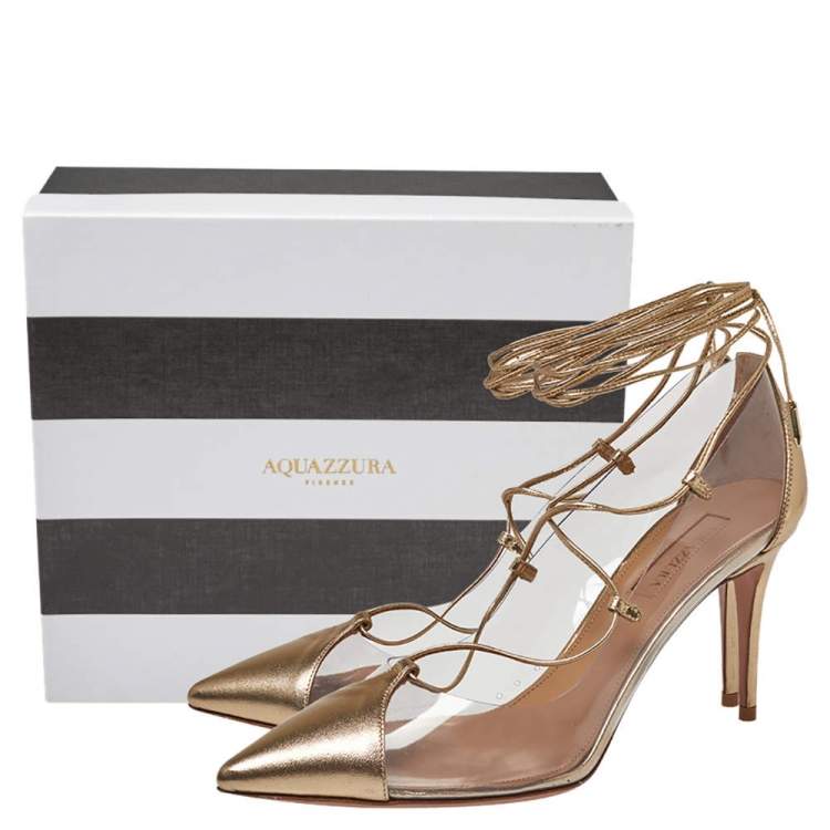 Pre Owned Aquazzura Gold Leather And PVC Lace Up Pumps Size 38.5