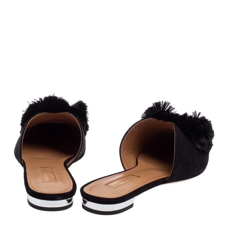 Pre Owned Aquazzura Black Suede Powder Puff Crystal Embellished Flat Sandals Size 37.5