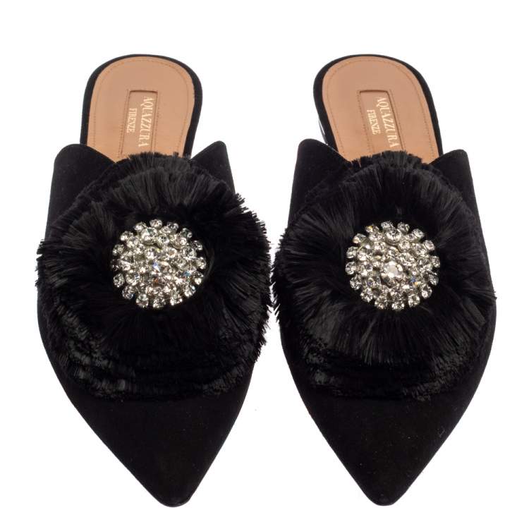 Pre Owned Aquazzura Black Suede Powder Puff Crystal Embellished Flat Sandals Size 37.5